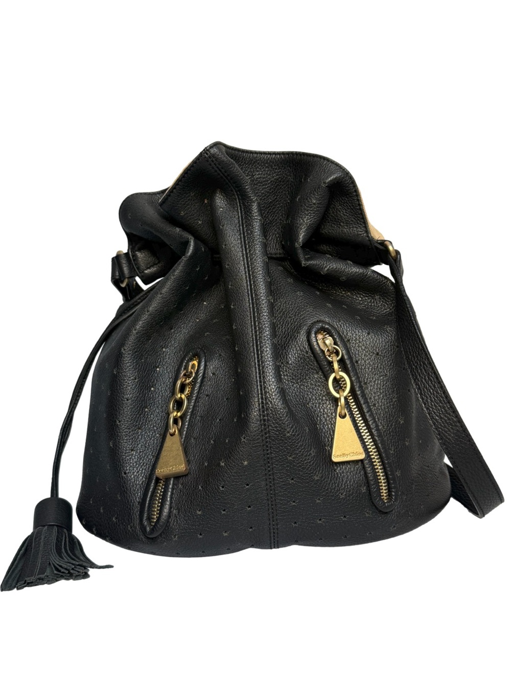 See by Chloé Black Perforated Leather Drawstring Bucket Bag Crossbody Tassel